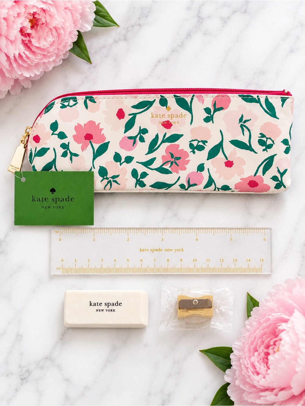 Kate Spade ♠️ Floral Pencil Case Ruler Eraser Sharpener Set NWT